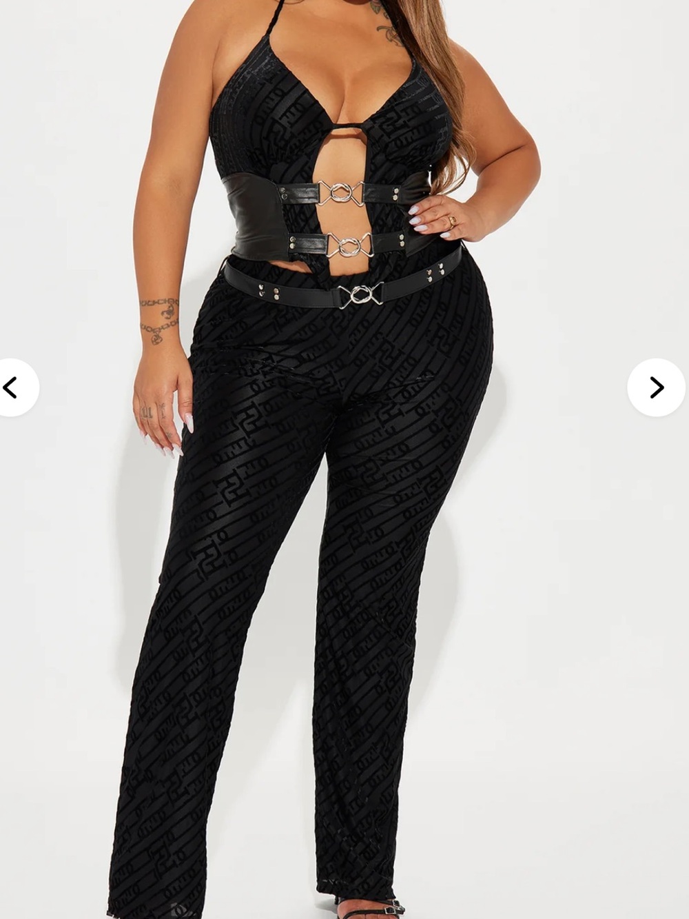 Black Strap Cutout Pant Set  with Buckle Waist